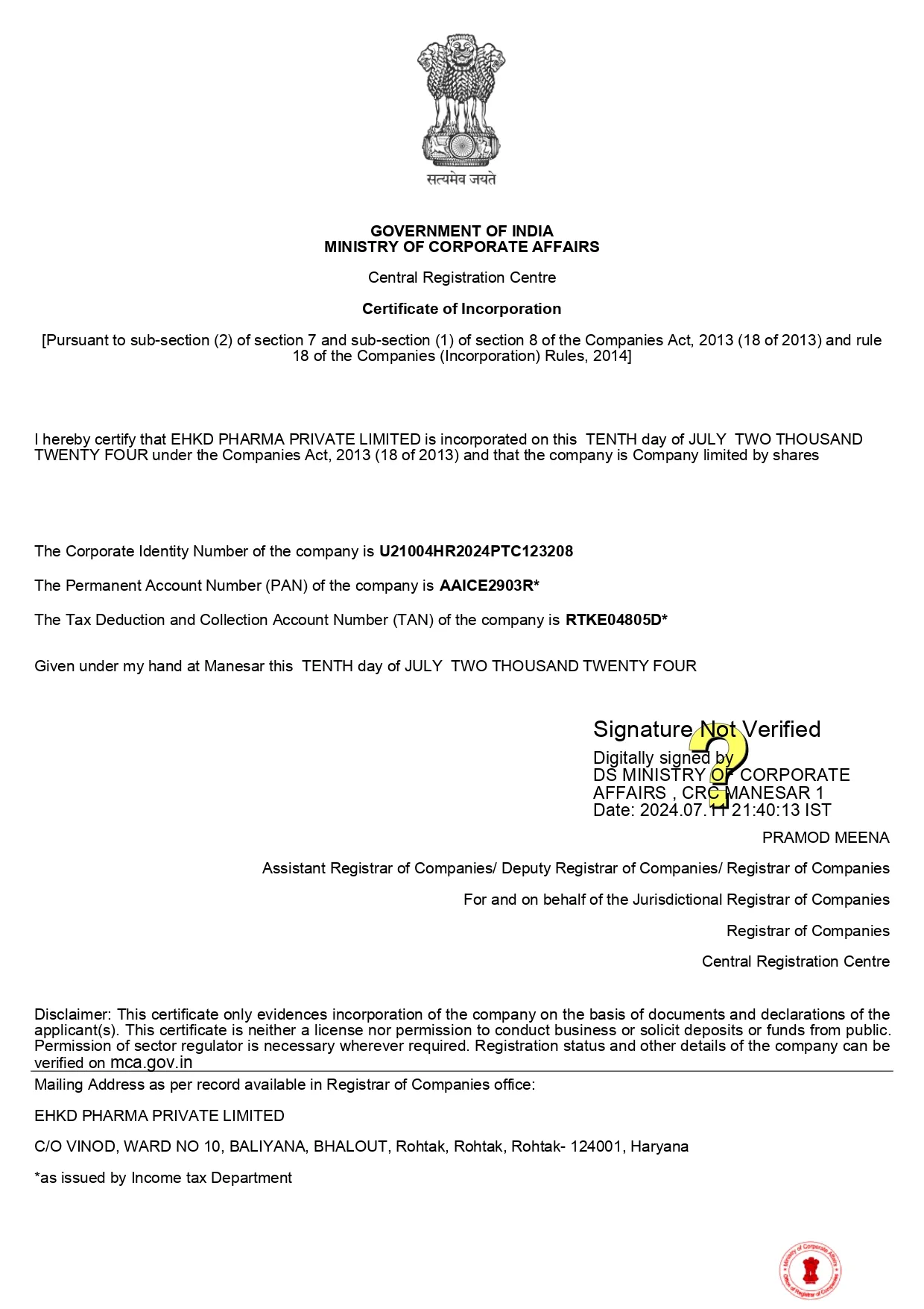 Certificate of Incorporation certificate