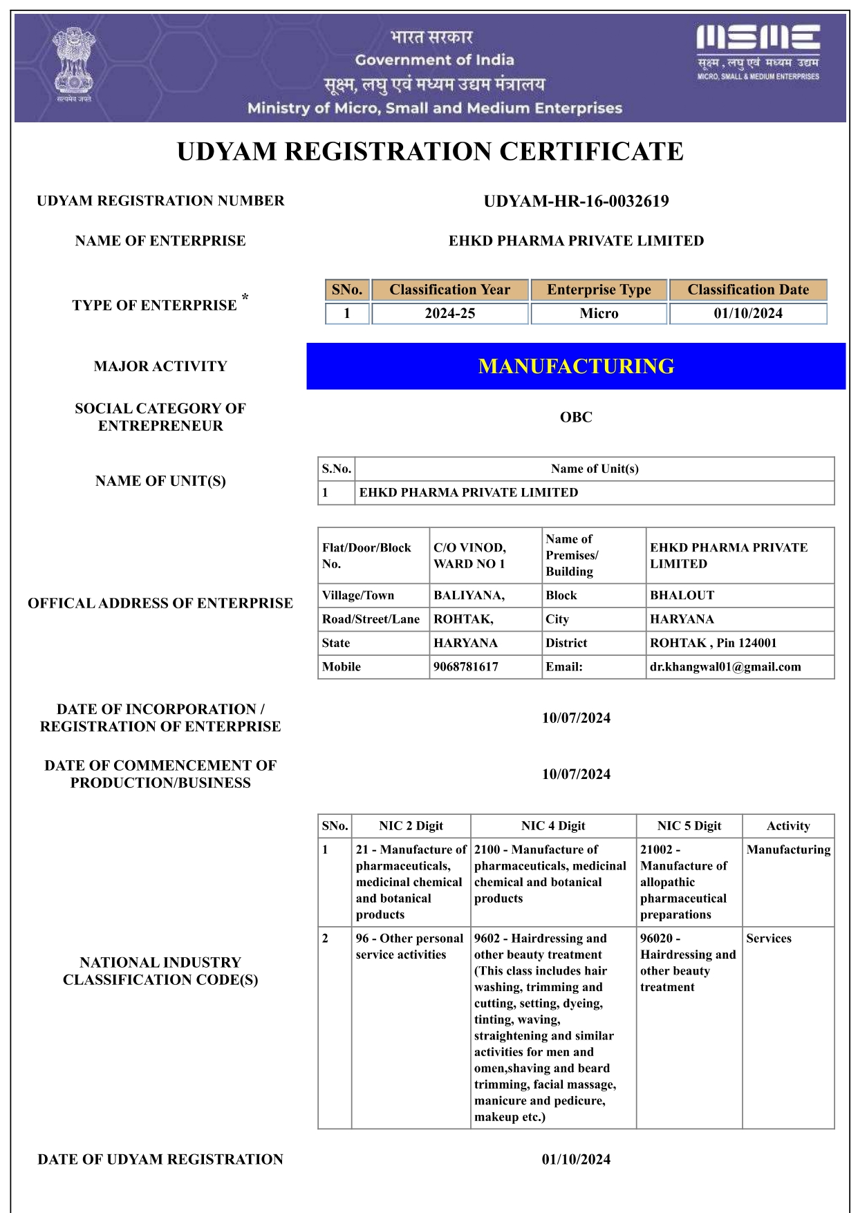 Udyam (MSME) Registration certificate
